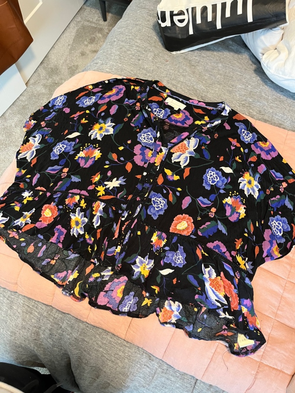 Anthropologie Black Floral Blouse with Purple, Blue, Yellow and Orange Flowers - Picture 2 of 8